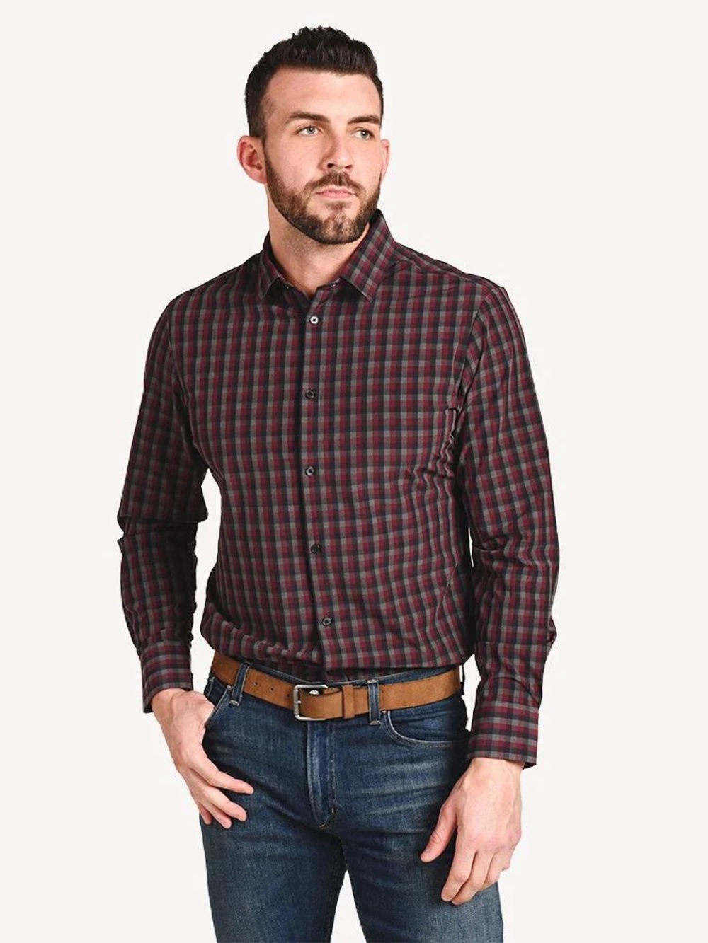 Mizzen+Main Men's‎ XL Plainview Leeward Shirt Performance Plaid Maroon Gray Navy